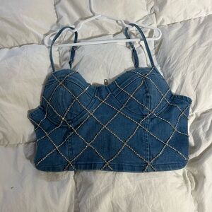 Crystal-Studded Blue Denim Crop Top